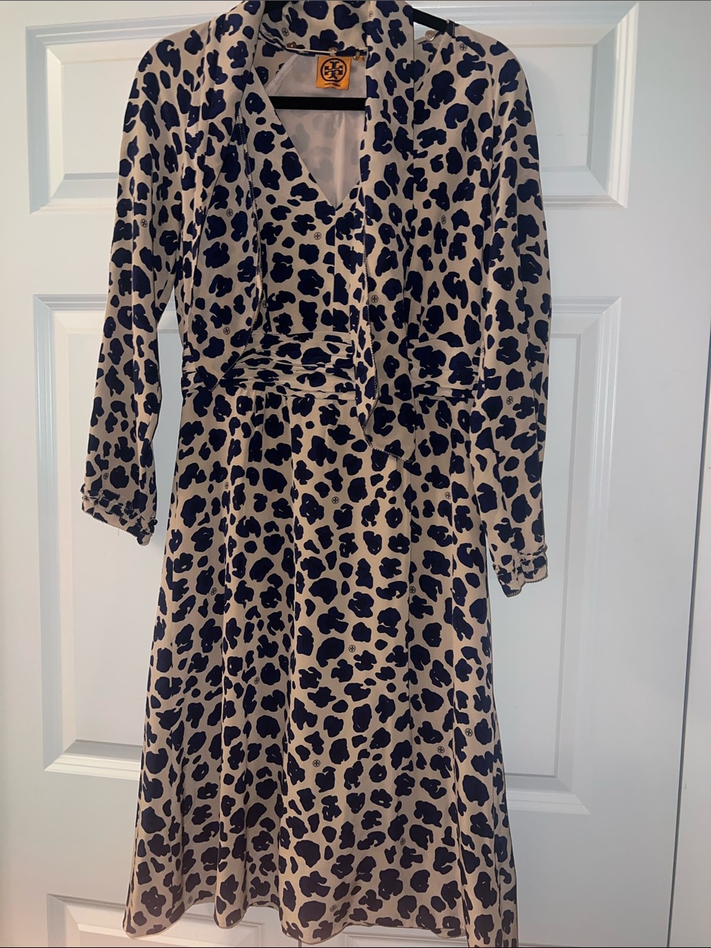 Tory Burch Beige and Navy Blue Leopard-Print Long Sleeve Dress